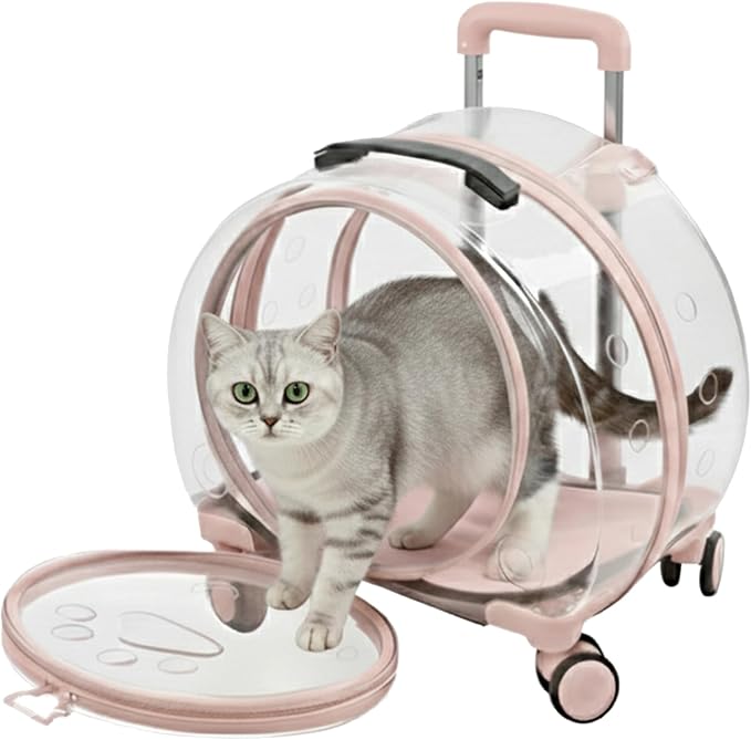Hard Shell Cat Carrier with Wheels, Rolling Cat Travel Carrier with Telescoping Handle, Transparent Pet Carrier for Cats (Pink)