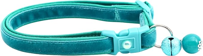 Velvet Cat Collar with Bell | Safety Breakaway Collar | Adjustable Large Size or Kitten Collar (Teal, Large(10lbs & Up))