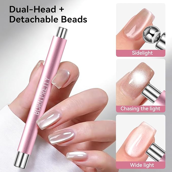 BORN PRETTY 3-in-1 Cat Magnetic Eye Magnet for Nails,Dual-Ended Cylindrical Magnetic Wand with Round Beads Multi-Function Cat Magnetic Eye Magnet Stick 3D Magnet Nail Art Design Tool for DIY(Pink)