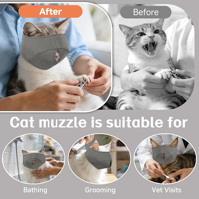 BARKLESS Cat Calming Muzzle for Grooming & Nail Trimming, Oxford Muzzle with Shading Design to Help Calm the Cat Down, Soft Head Cover to Prevent Biting & Scratching (Grey, L)