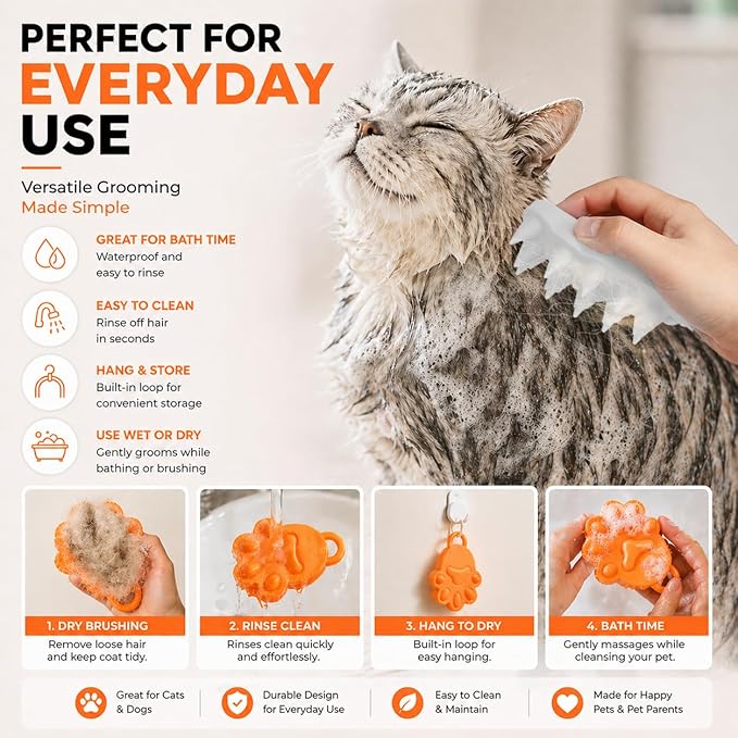 Cat Brush Silicone Pet Grooming Brush for Cats & Dogs, Soft Flexible Deshedding for Removing Loose Fur, Easy to Clean, Waterproof, for Short & Long Hair, Orange White Gray (White)