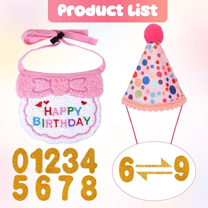 Cat Birthday Outfit, Cat Birthday Bandana and Hat Set with Number Kitten Birthday Costume, Cute Pet Birthday Party Decoration Outfits for Pet Cats Supplies (Pink)