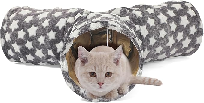 Cat Tunnel Toy- 3 Way-Shaped, Gray Star Pattern, Soft Velvet Exterior, Oxford Fabric Fog-Proof Interior, Plush Toy Ball, Easily Washable, Conveniently Foldable
