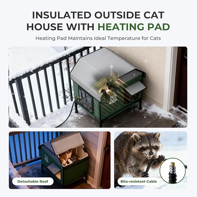 Heated Outdoor Cat House for Winter: Insulated with Heating Pad, Indestructible Weatherproof Winter Shelter, Elevated Support to Keep Interior Dry for Stray Cats, Medium