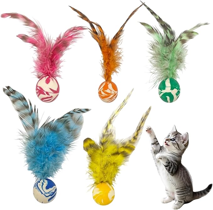 7Pcs Bouncy Balls for Cats, Cat Tools with Feathers, Feather Tool for Indoor Cats and Multi-Cat Households(Random Color)