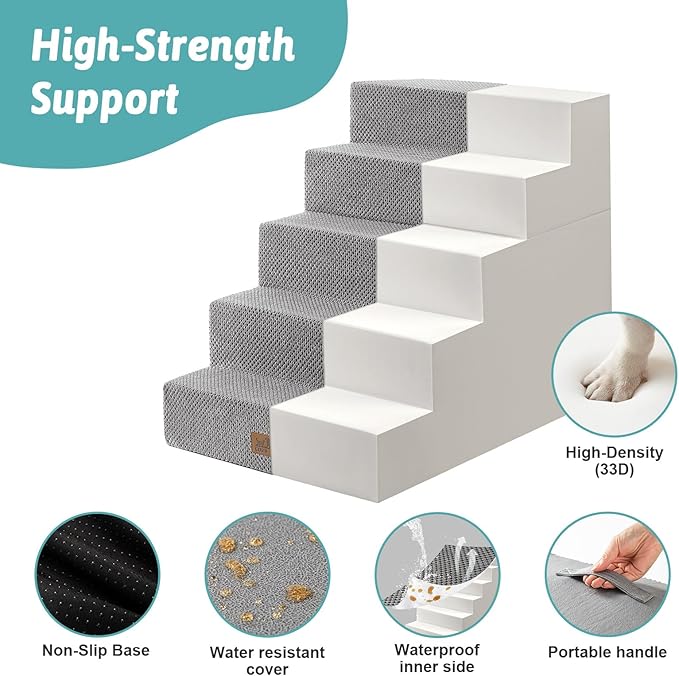 COZY KISS Dog Stairs for Small Dogs, 17.7" Extra Wide Detachable Pet Stairs for Couch and Bed, 23.6" H Non-Slip Dog Steps for Puppies and Old Cats, 17.7x29.5x23.6 inch, Grey