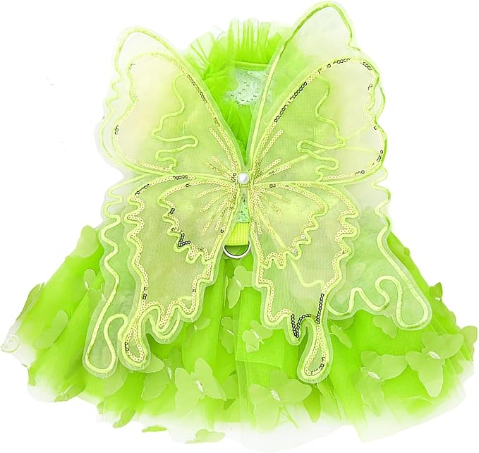 BAMY Butterfly Wings Dog Dress Summer Pet Wedding Skirt Lace Princess Tutu Cute Party Cat Outfit for Small Medium Dogs (Green, S (Chest 15.7inch/ 40cm))