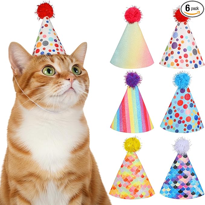 6 PCS Cat Birthday Hat Mini Party Hats for Stuffed Animals Mini Birthday Hats for Kittens Cats Dogs Rabbits Small Animals