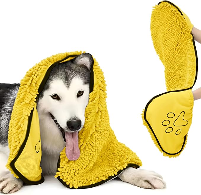 Super Absorbent Dog Drying Towel - 24.4''x10'' Chenille Microfiber Pet Bath Towel with Dual Hand Pockets, Quick Dry Soft Grooming Towel for Small Medium Large Dogs and Cats, Machine Washable (Yellow)