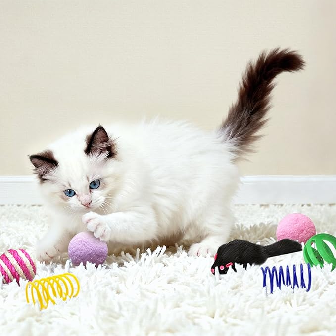 Cat Toys for Indoor Cats, 35 Packs Interactive Cat Toys Set with Colorful Springs, Mouse Cat Toy, Crinkle, Sisal, Pompom and Color Bell Balls for Kittens