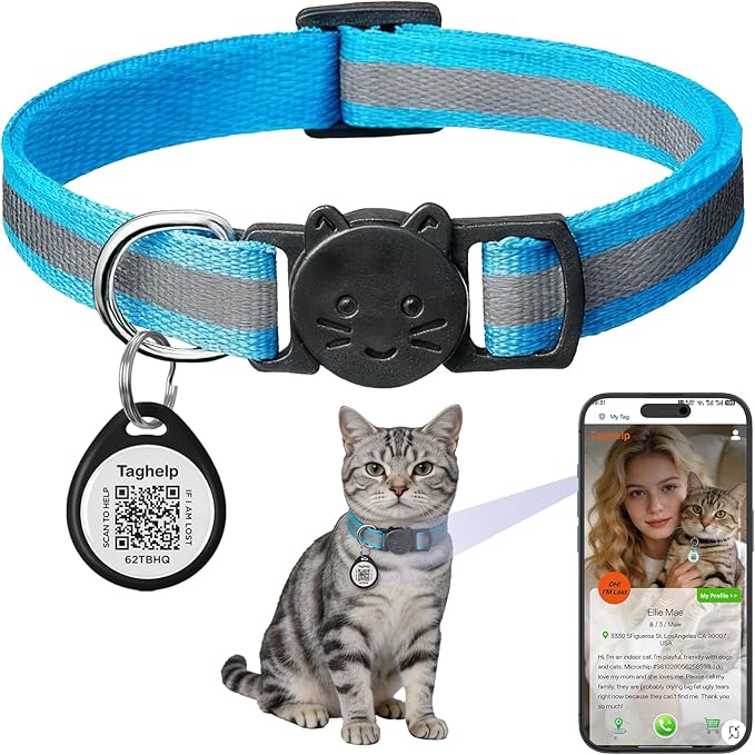 Reflective Cat Collar Breakaway with QR Code Tag for Girl Boy cat Name tag Kitten Collars with Bell Cat ID Tag Personalized Real-time scan alerts,Shareable Pet Profile (Blue)