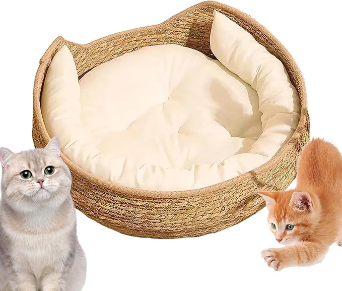 Cat Woven Bed - Pet Nest with Soft Cushion and Pillow | All Season Sleeping, Resting, Scratching Furniture for Cats, Kittens, Puppies, Dogs, Indoor Outdoor Use Pet Relaxation