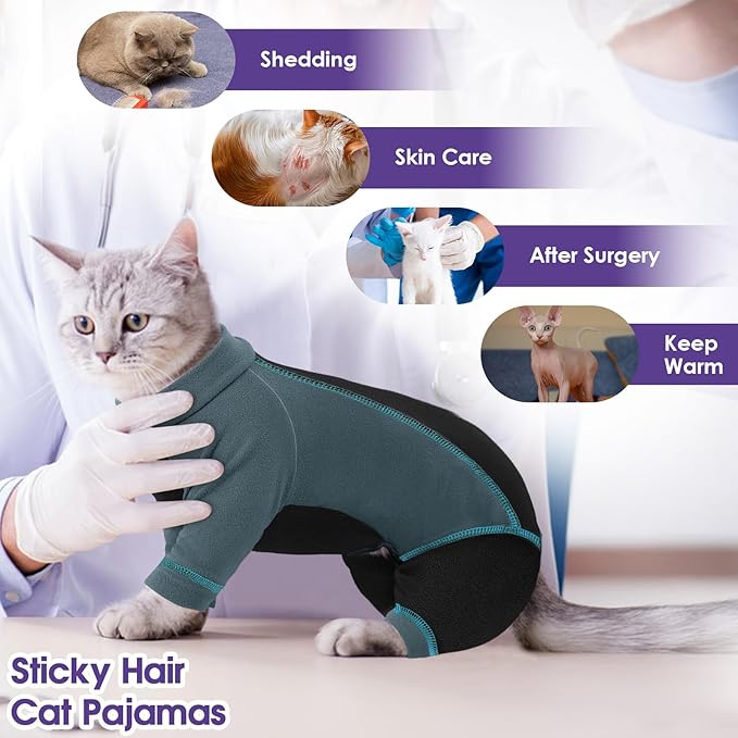 Hair Sticky Cat Clothes, Cat Sweater for Cats Only, 4-Legged Fleece Sweaters Kitten Pajamas Reduce Shedding Fur, Warm Pullover Shirts for Cats, Green S