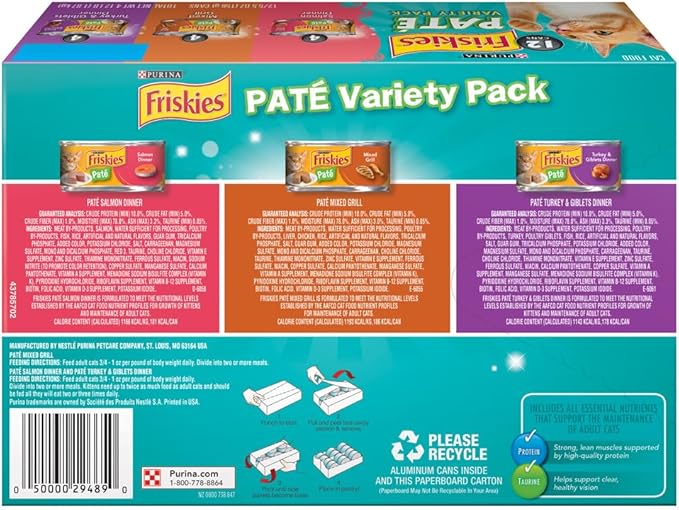 Purina Friskies Wet Cat Food Pate Variety Pack Salmon Dinner, Turkey and Giblets Dinner and Mixed Grill - (2 Packs of 12) 5.5 oz. Cans