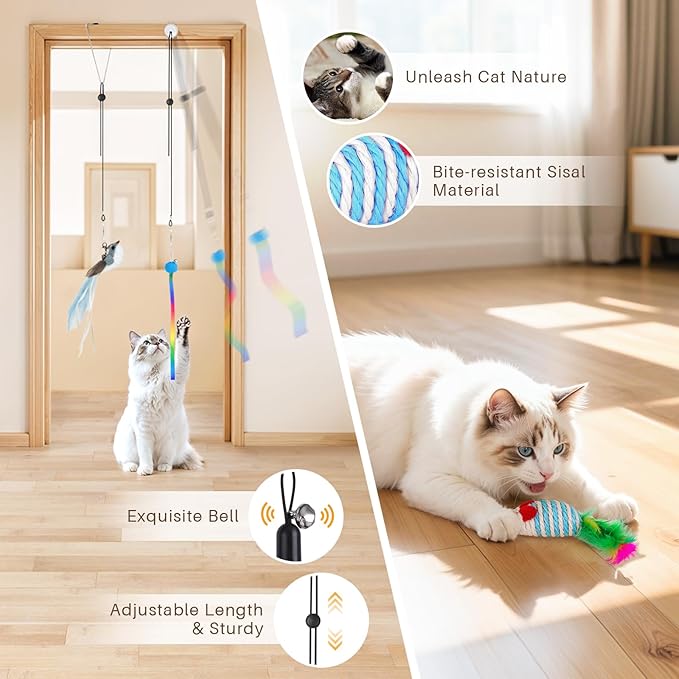 Interactive Bird Simulation Cat Toys，4 in 1 Cat Toys for Indoor Cats, 4 Replacement Birds，Hanging Door Kitten Wand with Suction Cup Removable Feathers Balls Mice Butterfly Streamers