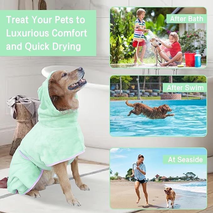 Pet Bathrobe for Dog Cat Absorbently Quick Drying Coat Cute Dogs Bath Towel Hooded Robe Adjustable Collar & Belly Strap for Pool Beach (Green, Large)