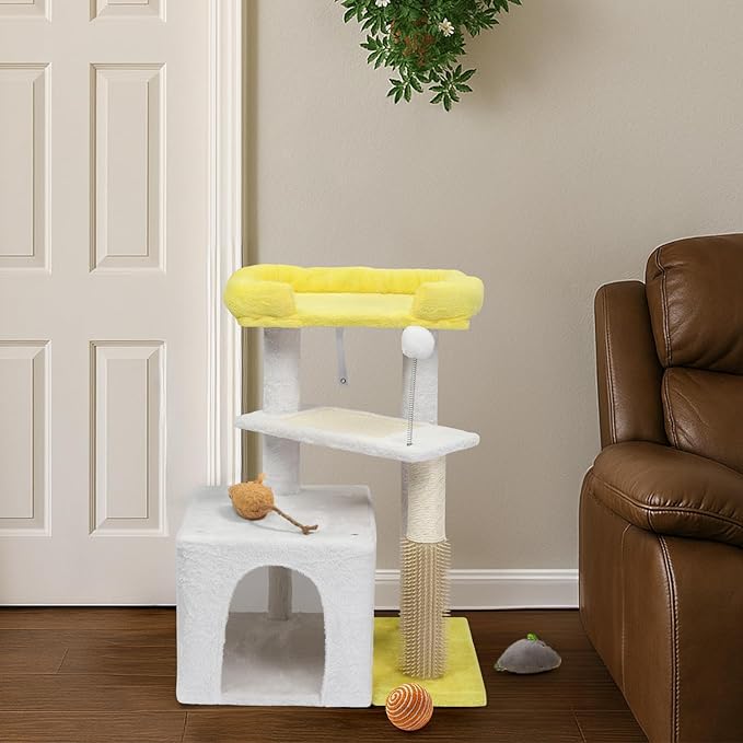 Cute Cat Tree,Cat Tree Tower for Indoor Cats,Adult Cat Tower with Scratching Post & Cat Condo,Sisal Scratching Posts,Padded Top Bed for Kittens,Cat Furniture Activity Center House (Yellow)