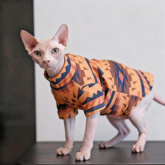 Sphynx Cat Clothes for Cats Only, Graphics Printed Hairless Sphinx Clothes T-Shirts Sweatshirt with Sleeves, Soft Kitten Shirt Pet Apparel Devon Rex,Cornish Rex,Peterbald,Orange,XL