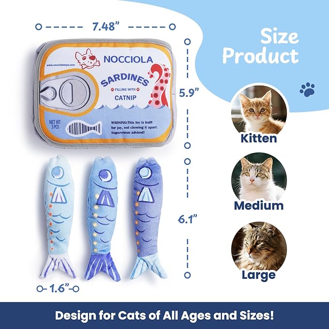 Nocciola Catnip Toys for Indoor Cats - 3 Pack Cat Toys Fish with Sardine Can Pouch, Cat Nip Toys Cat Kicker Toy with Crinkle Paper, Interactive Cat Toy for Kitten Enrichment, Cat Gifts