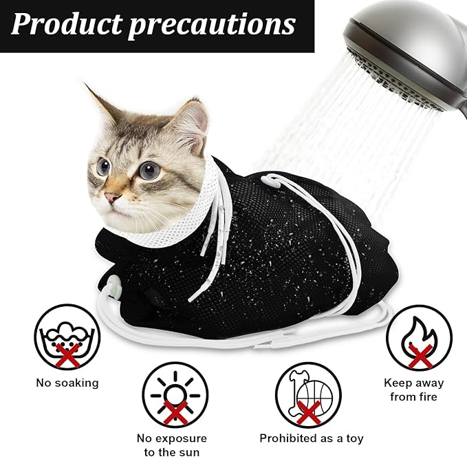 Cat Bathing Bag, Breathable Mesh Cat Shower Bag Anti Scratch Adjustable Grooming Washing Bag for Nail Trimming Soft Polyester