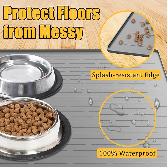 1.5MM Super Thick Dog Food Mat, 48"x32" Silicone Dog and Cat Mats for Food and Water Bowls, Waterproof Pet Feeding Mat for Contain Spills Protects Floors, Multiple Colors & Sizes for Pets, Black