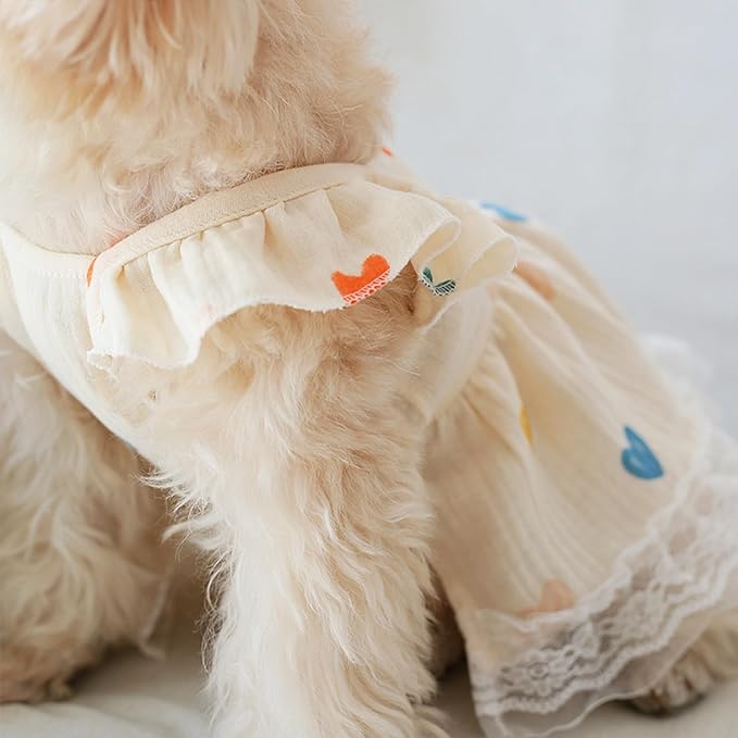 1 PC Adorable Heart Pattern Ruffle Trim Dog Cat Dress Princess Style Lace Trim Summer Outfit for Small to Medium Pets Yellow Pet Apparel for Kittens and Puppies M