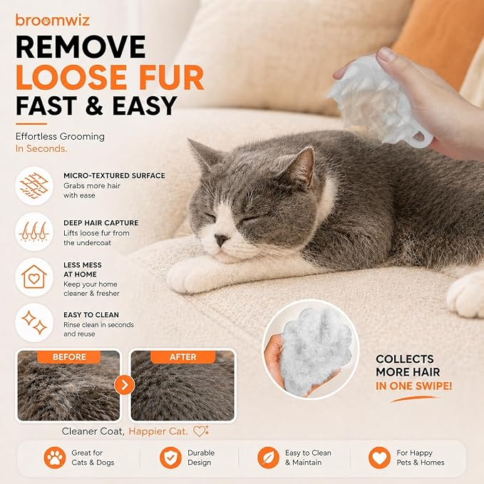 Cat Brush Silicone Pet Grooming Brush for Cats & Dogs, Soft Flexible Deshedding for Removing Loose Fur, Easy to Clean, Waterproof, for Short & Long Hair, Orange White Gray (White)