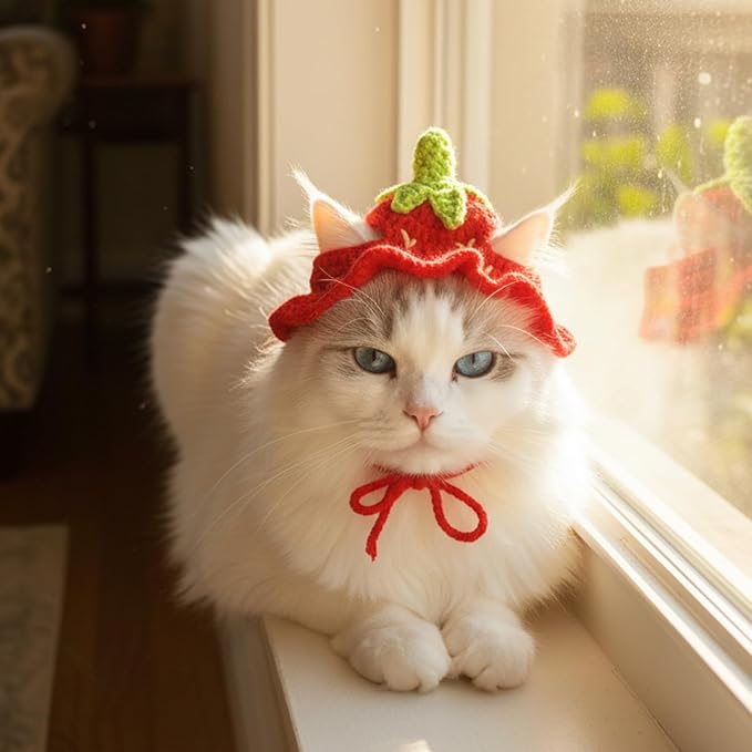 2pcs Cat Crochet Hat Crochet Hats for Kittens Cute Knitted Hat Frog and Strawberry Cat Hats Cartoon Strawberry Design Knit Cotton Soft Only Puppy Small Pets On Christmas Birthday Party Halloween