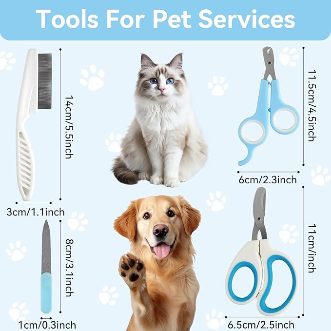 Pet Nail Clippers Kit for Cats and Dogs, Professional Grooming Set with Cat and Dog Nail Clippers, Nail File, Hairbrush, 10 Wet Wipes, Storage Case