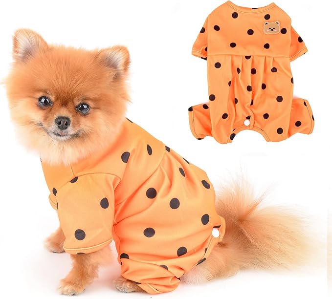 PAIDEFUL Polka Dot Dog Pajamas for Small Dogs, Lightweight Four-Leg Puppy One-Piece with Belly Coverage, Soft Pullover Sleepwear for Chihuahua Yorkie and Cats, Orange, M