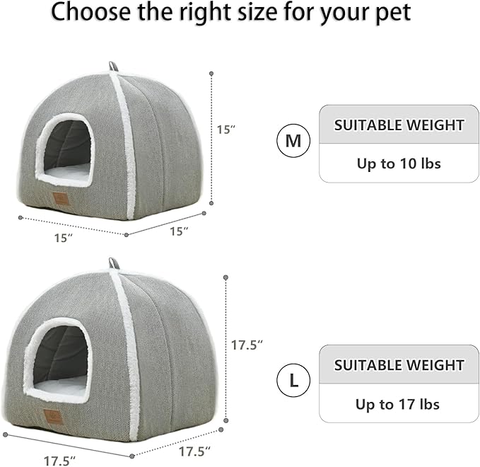 Cat Beds for Indoor Cats-Cat Bed Cave House Tent for Kittens and Small Pets with Washable Cushioned,Soft and Warm Indoor House, Grey, 15 inches