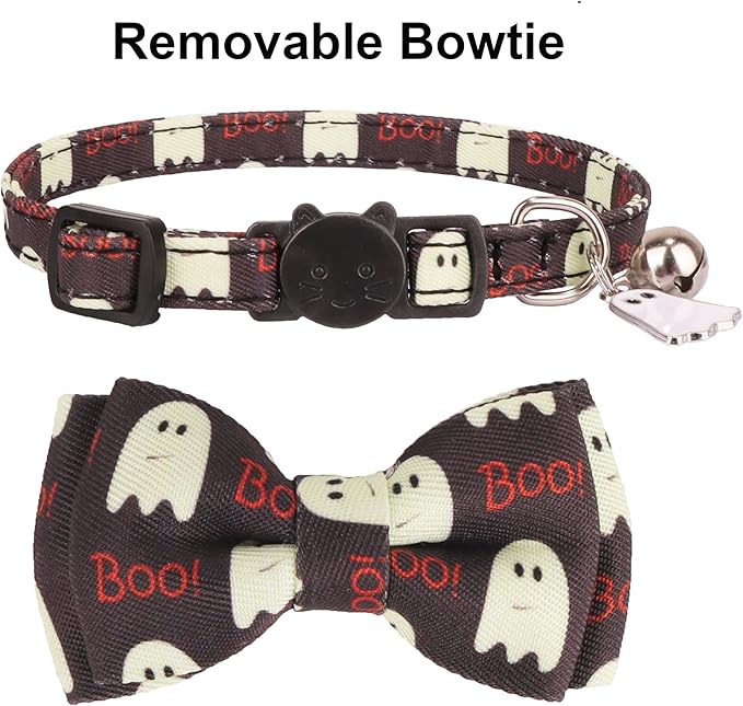 ADOGGYGO Halloween Cat Collar with Bowtie Bell, 2 Pack Halloween Kitten Collar with Removable Bow, Pumpkin Ghost Holiday Collars for Cat Kitten