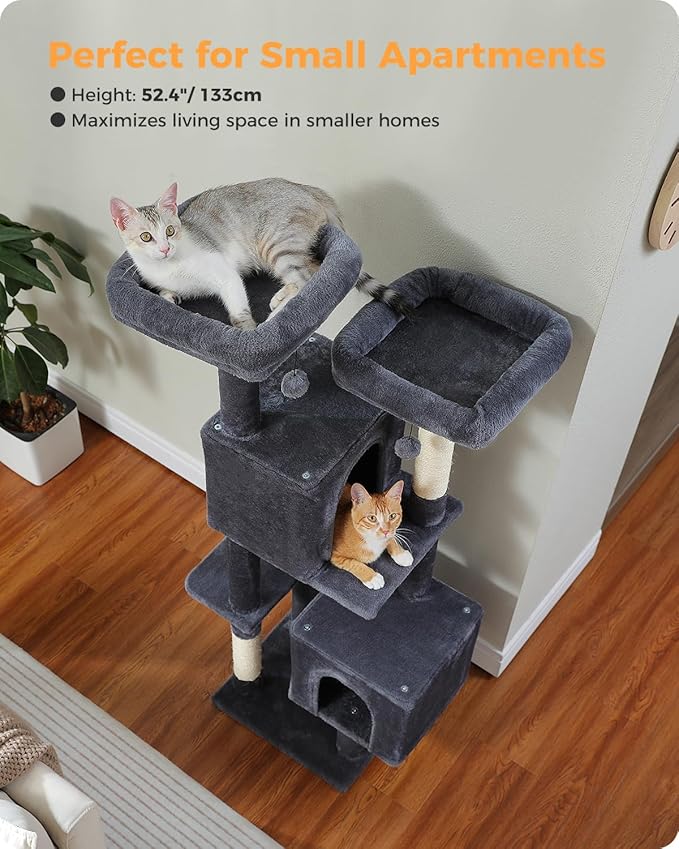 MUTTROS Cat Tree, 52.4" Multilevel Cat Tower for Indoor Cats, Plush Cat Tree House with 2 Padded Perches, 2 Condos & 2 Scratching Posts, Dark Gray
