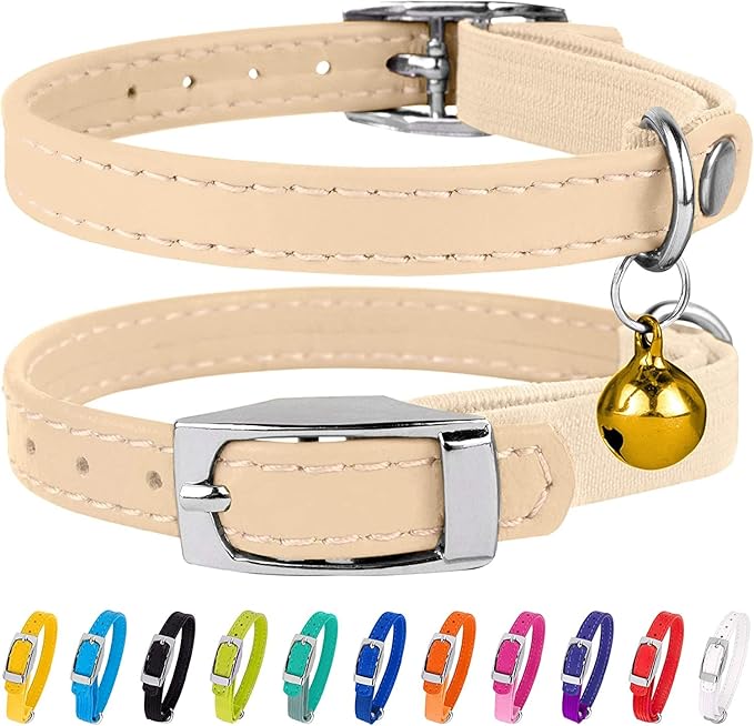 CollarDirect Leather Cat Collar with Removable Bell – Safety Elastic Strap (Breakaway Alternative) – Kitten Collar for Small & Big Boy & Girl Cats