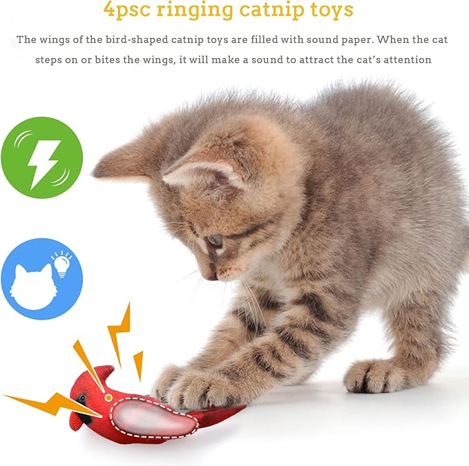 Cat Catnip Toys Interactive Cats 4pcs Kitten Plush Nip Chew Bird Toy with Crinkle Paper Pet Best Treats Stuffed Pillow Cute Teething Play Gifts Soft Kick Sound Supplies for Indoor Kitty