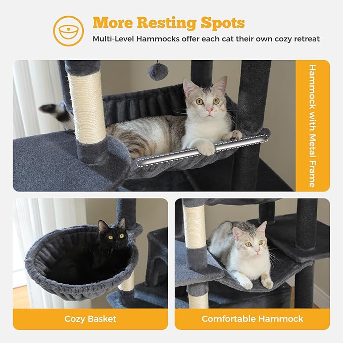 MUTTROS 81" Heavy Duty Cat Tree for Large Cats up to 20lbs - Extra Tall Cat Tower with Metal Frame Hammock, 6 Sisal Scratching Posts, 2 Perches - Indoor Cat Furniture for Maine Coon, Dark Gray