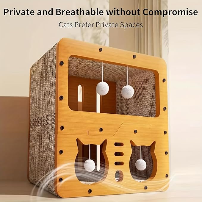 Wooden Cat House for Indoor Cats – Durable Cardboard & Wood Cat Bed Box, Cozy Hideaway Pet Nest for Sleeping & Lounging