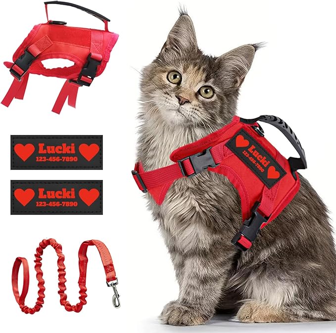 Tactical Cat Harness, Escape Proof Cat Harness with Customizable Patches, Adjustable Military Style Design, Optional Leash (Red)