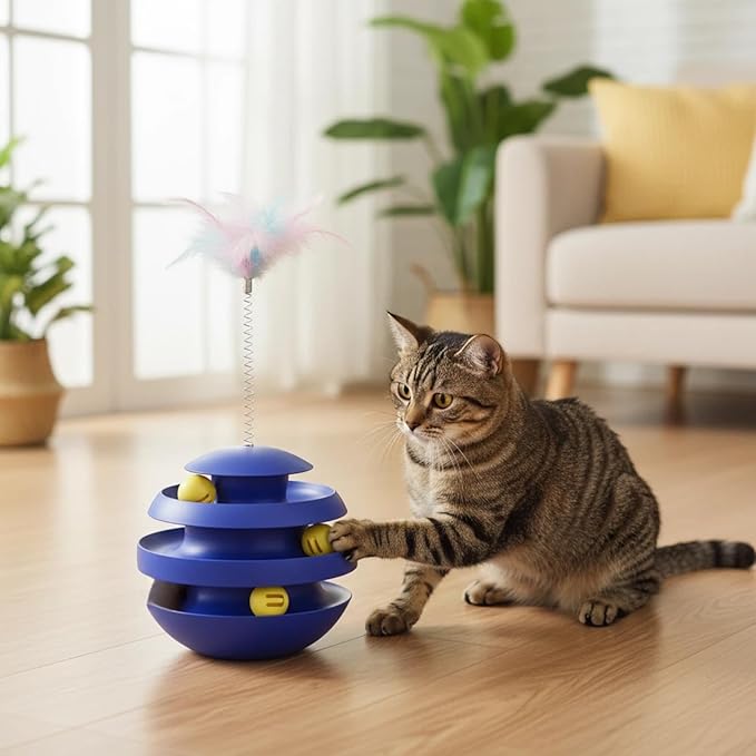 Interactive Cat Toy, Automatic Spinning Cat Toy for Indoor Cats, Engaging Kitten Toy with Feather for Exercise & Mental Stimulation, 3-Layer Cat Ball Track Durable Safe Toy to Reduce Boredom(Blue)