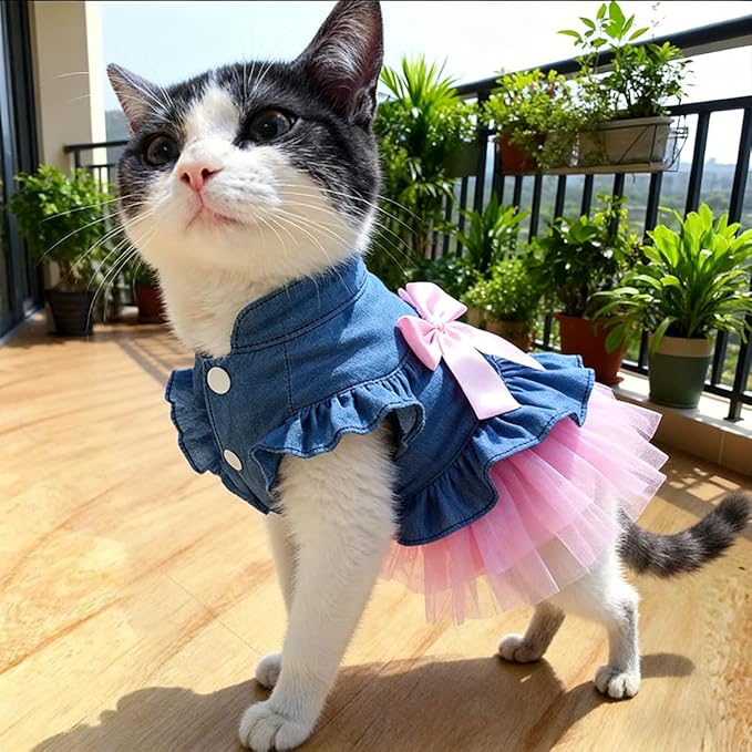 Dog Cat Denim Tutu Dress, Princess Puppy Kitten Outfit with Pearl Bow & Stand-Up Collar, Sleeveless Pet Clothes for Wedding Birthday Party, Easy Front Snap Closure for Chihuahua (Pink-Denim, Medium)