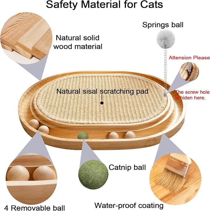 Natural Sisal Cat Scratcher Pad with Wooden Cat Ball Track Toy Interactive Cat Toys for Bored Indoor Adult Cats Kitten Toys for Chasing Hunting & Physical Exercise Puzzle Cat Scratching Pads