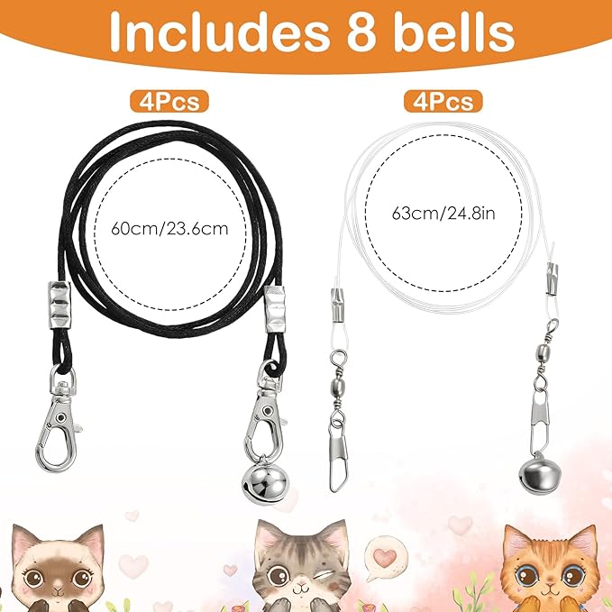Amabro 8Pcs Cat Wand Replacement Strings with Built-in Bells Lobster Clasps Elastic Refill Wires for Cat Teaser Wand Toy All Lures Universal Fit(4 Pcs Black Rope + 4 Pcs Transparent Fishing Line)