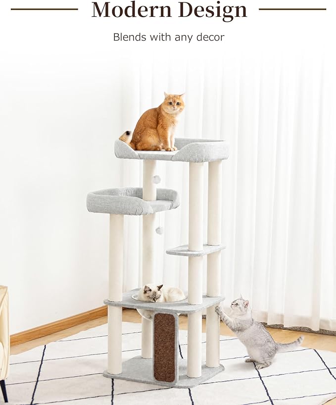 Cat Tree for Large Cat, Modern Senior Friendly Cat Tower with Wide Shelves Low Step, Cotton Scratching Posts, Super Sturdy Base, Cozy Perches, and Interactive Toys (Gray)