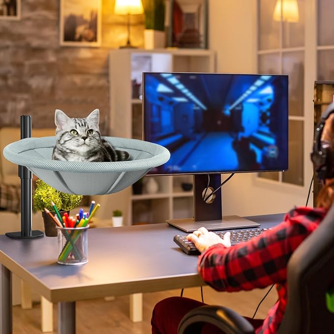 AIPERRO Cat Desk Bed - 360° Rotating & Height Adjustable Cat Hammock Perch, Sturdy Cats Bed for Desk with Removable Washable Cover, Supports Up to 60lbs, Perfect for Indoor Cats