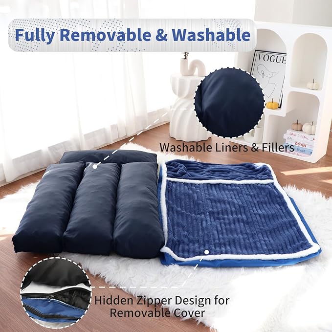 KHONSU PET Dog Couch Sofa Bed with Pillow – Orthopedic Memory Foam Dog Bed for Indoor Use Removable Washable Cover, Supportive Puppy Couch, Blue, L