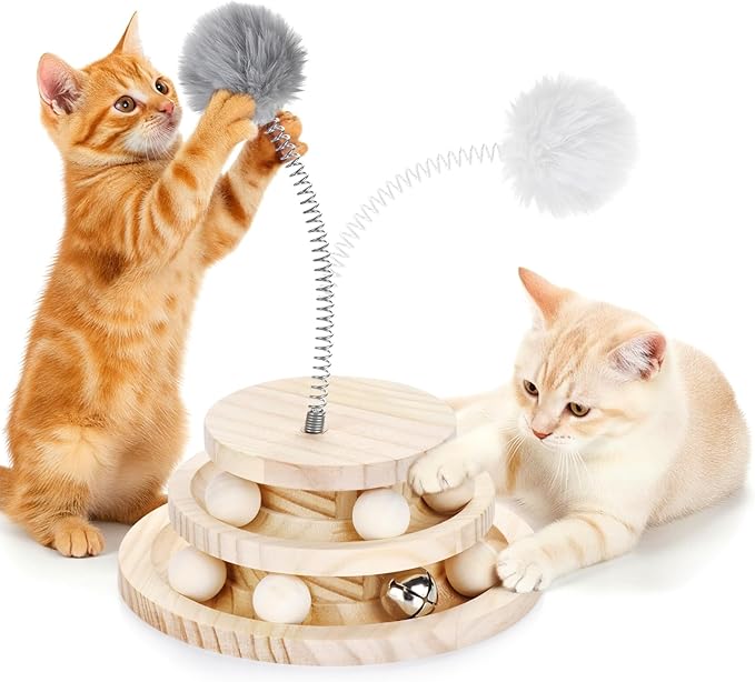 2-Tier Wooden Cat Ball Track Toy - Non-Toxic Cat Turntable with Removable Balls, Interactive DIY Circle Toy for Kittens & Cats Mental/Physical Exercise, Safe Natural Wood Kitty Roller