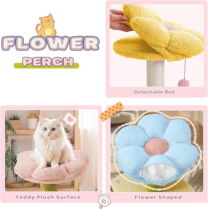 Flower Cat Tree 71 Inches，Large Cat Tower with 2 Detachable Flower Cushions and 2 Hiding Condo, Tall and Big Cat Tree with Hammock Bed, Interactive Toys and Scratching Posts for Indoor Cats (Yellow)