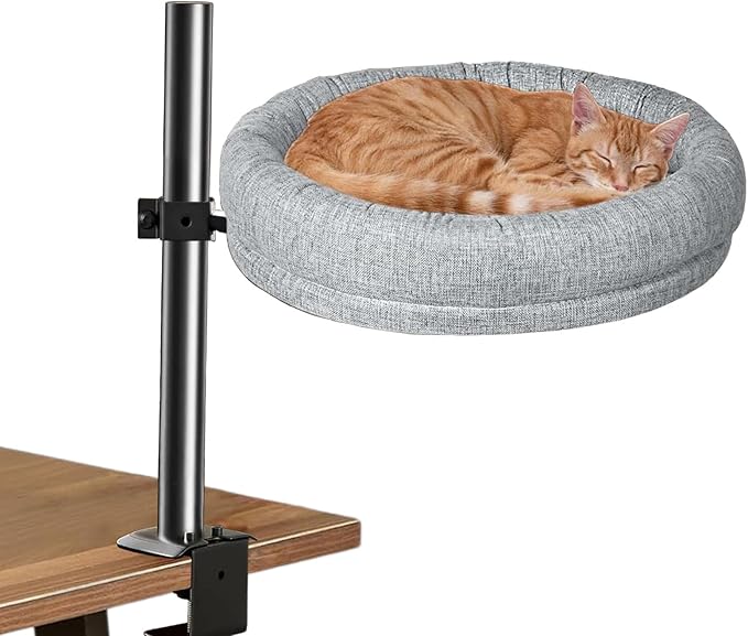 Cat Desk Bed, 360° Rotating & Height Adjustable Cat Hammock, Metal Bracket Supports to 40 lbs, Removable&Washable, Kitten Bed for Desk
