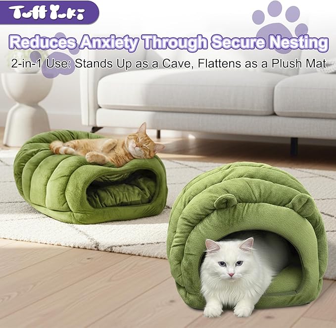 Cat Cave Bed, Orthopedic Memory Foam Anti Anxiety Cat Bed for Indoor Cats, Cozy Plush Caterpillar Tunnel Cat Bed, Non Slip Pet Bed Fits Cats Up to 15 lbs, Green