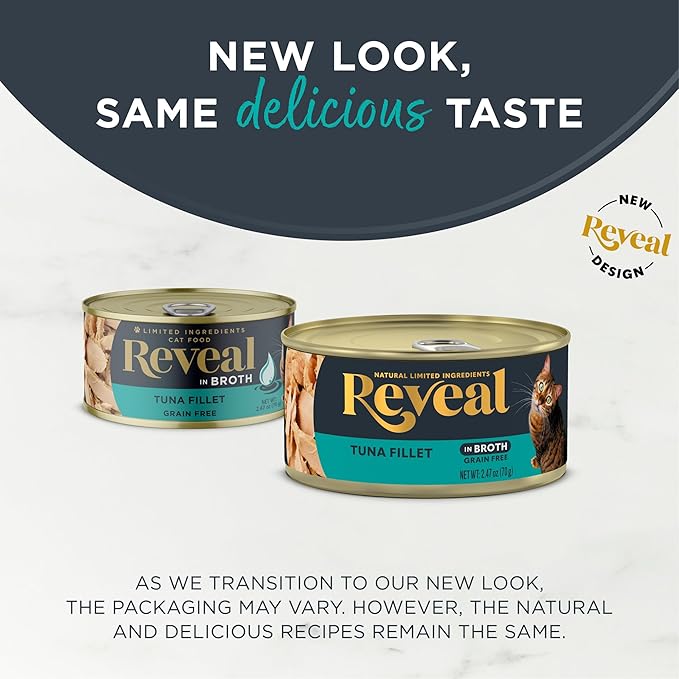 Reveal Natural Wet Cat Food,Grain Free,Limited Ingredient Canned Food for Cats,Tuna Fillet in Broth,2.47 oz Cans,(Pack of 48)